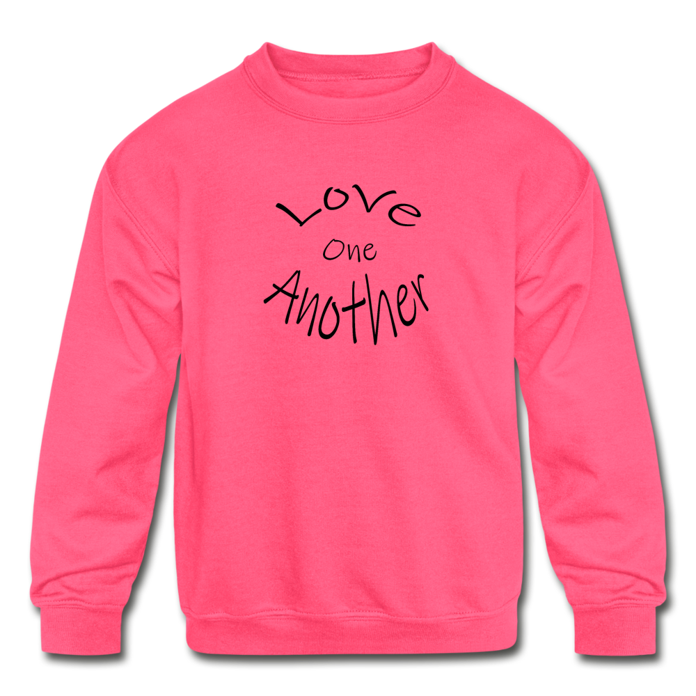 Kids&#39; Crewneck Sweatshirt &quot;Love One Another&quot; - neon pink