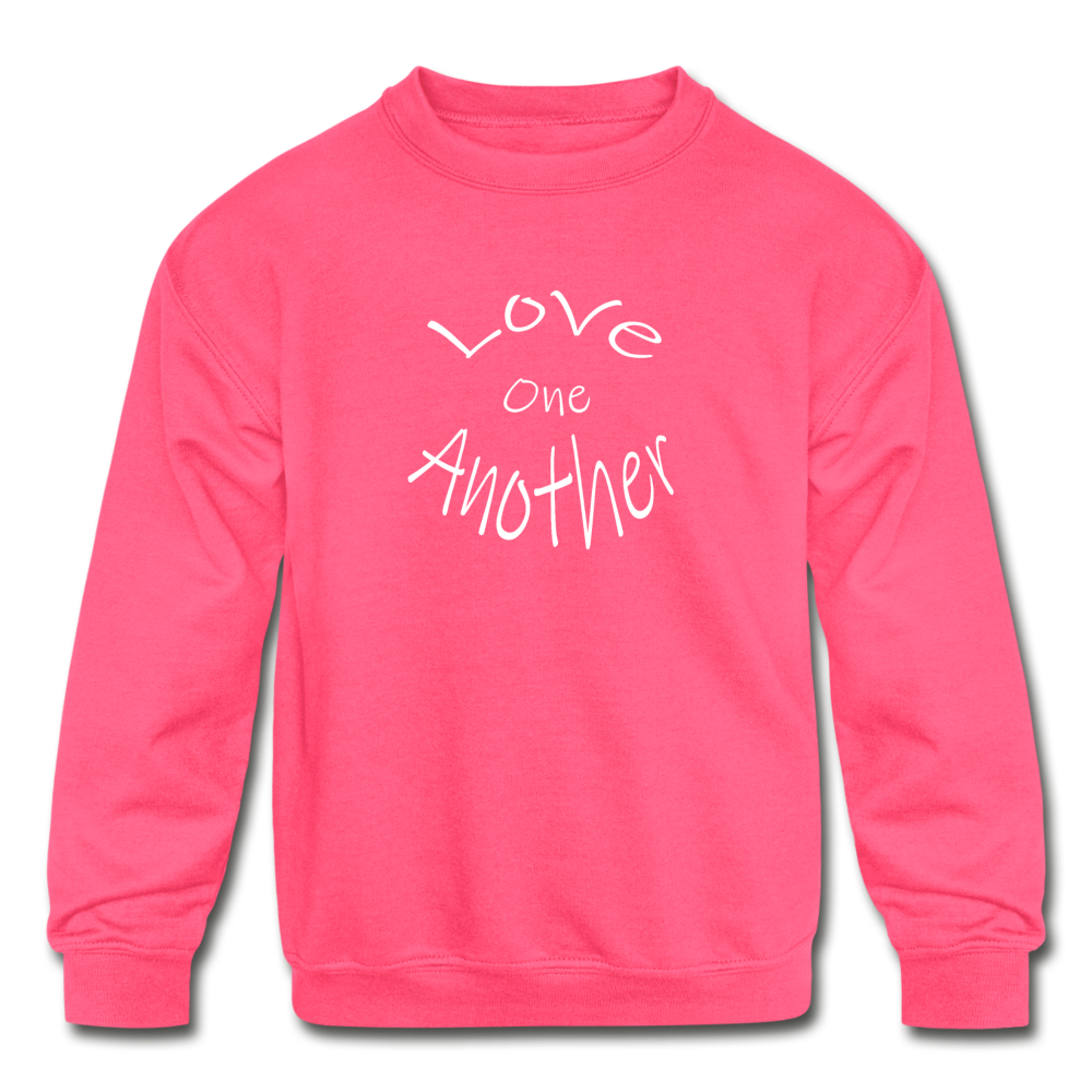 Kids&#39; Crewneck Sweatshirt &quot;Love One Another&quot; White Font - neon pink
