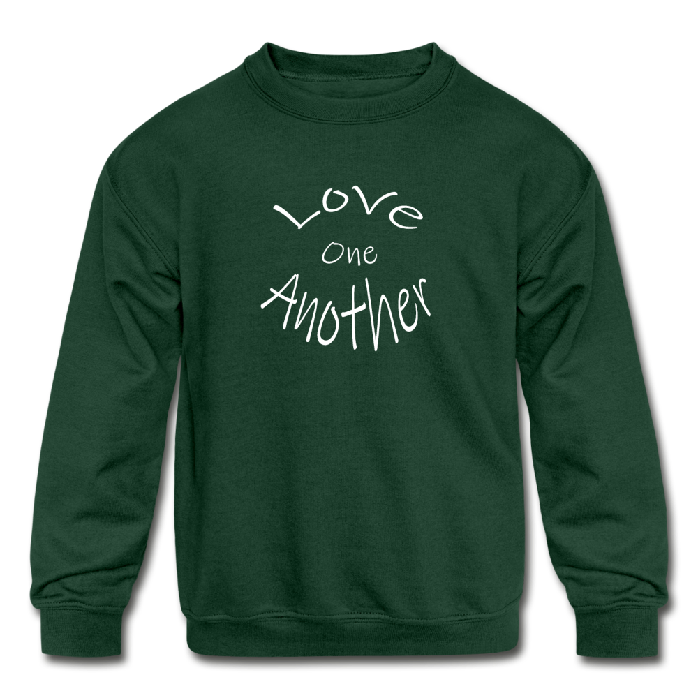 Kids&#39; Crewneck Sweatshirt &quot;Love One Another&quot; White Font - forest green