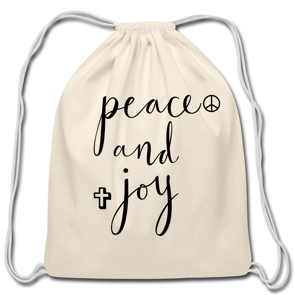 Cotton Drawstring Bag &quot;Peace and Joy&quot; Black font - natural
