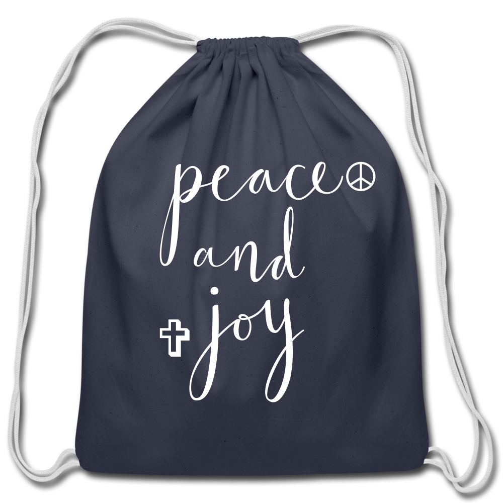 Cotton Drawstring Bag &quot;Peace and Joy&quot; White font - navy