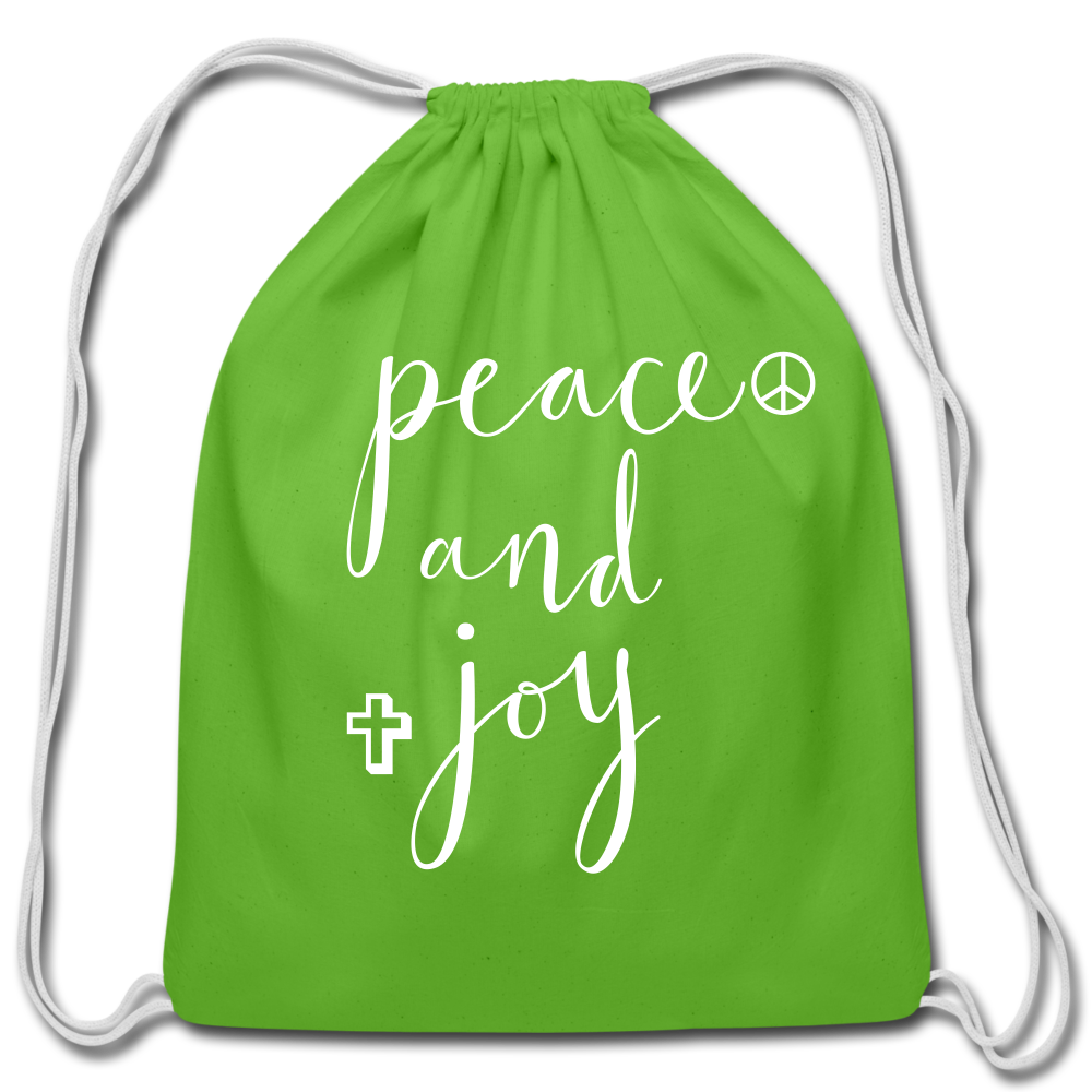 Cotton Drawstring Bag &quot;Peace and Joy&quot; White font - clover