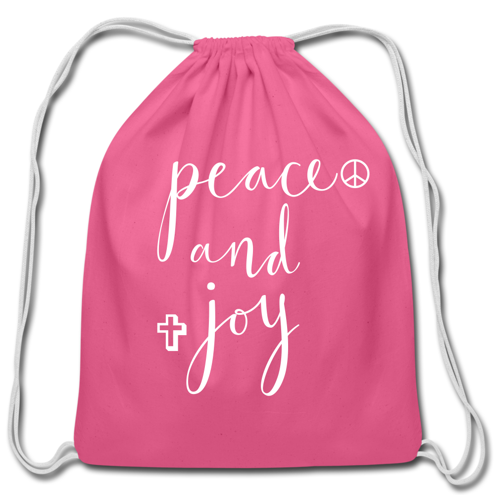 Cotton Drawstring Bag &quot;Peace and Joy&quot; White font - pink