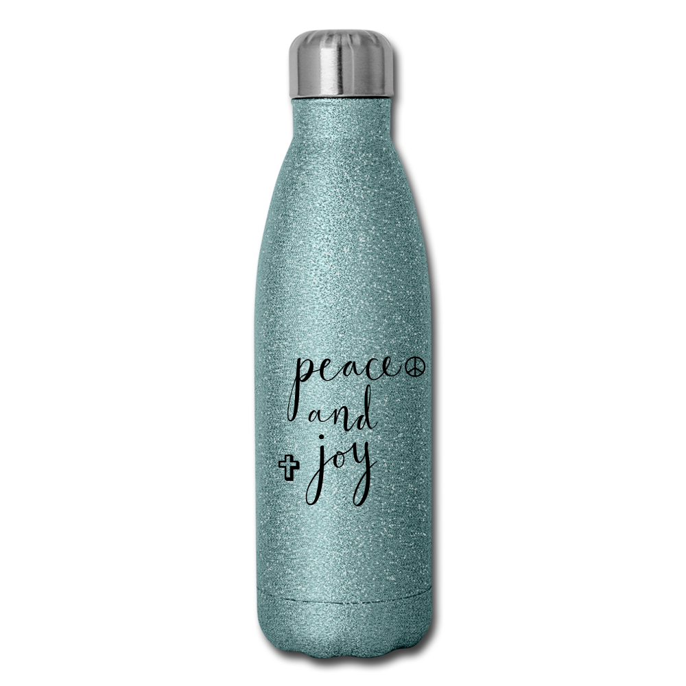 Insulated Stainless Steel Water Bottle &quot;Peace and Joy&quot; - turquoise glitter