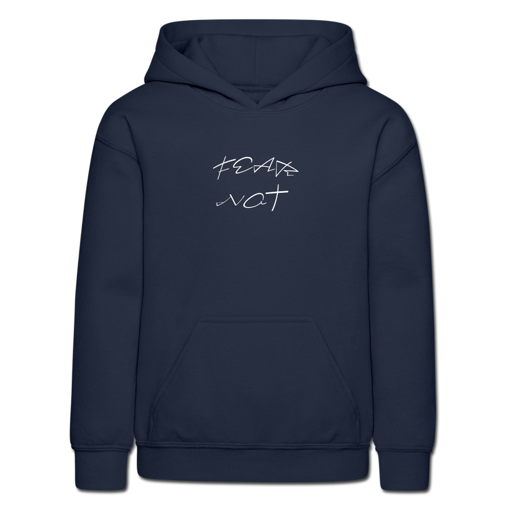 Gildan Heavy Blend Youth Hoodie &quot;Fear Not&quot; white font sp - navy