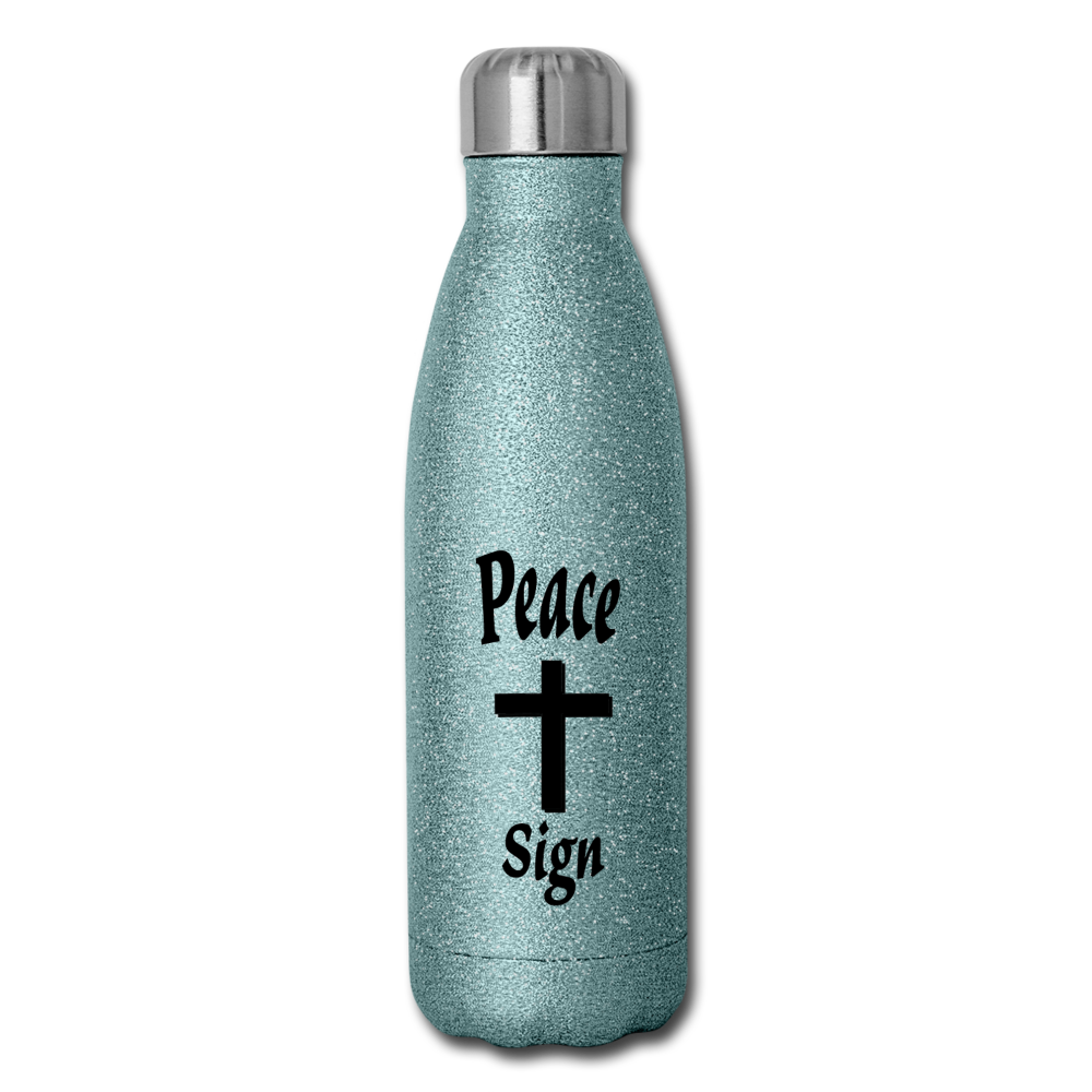 Insulated Stainless Steel Water Bottle &quot;Peace Sign&quot; - turquoise glitter