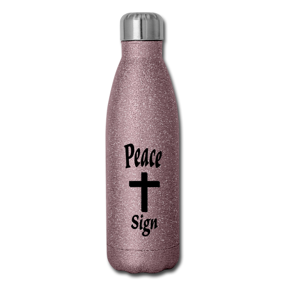 Insulated Stainless Steel Water Bottle &quot;Peace Sign&quot; - pink glitter
