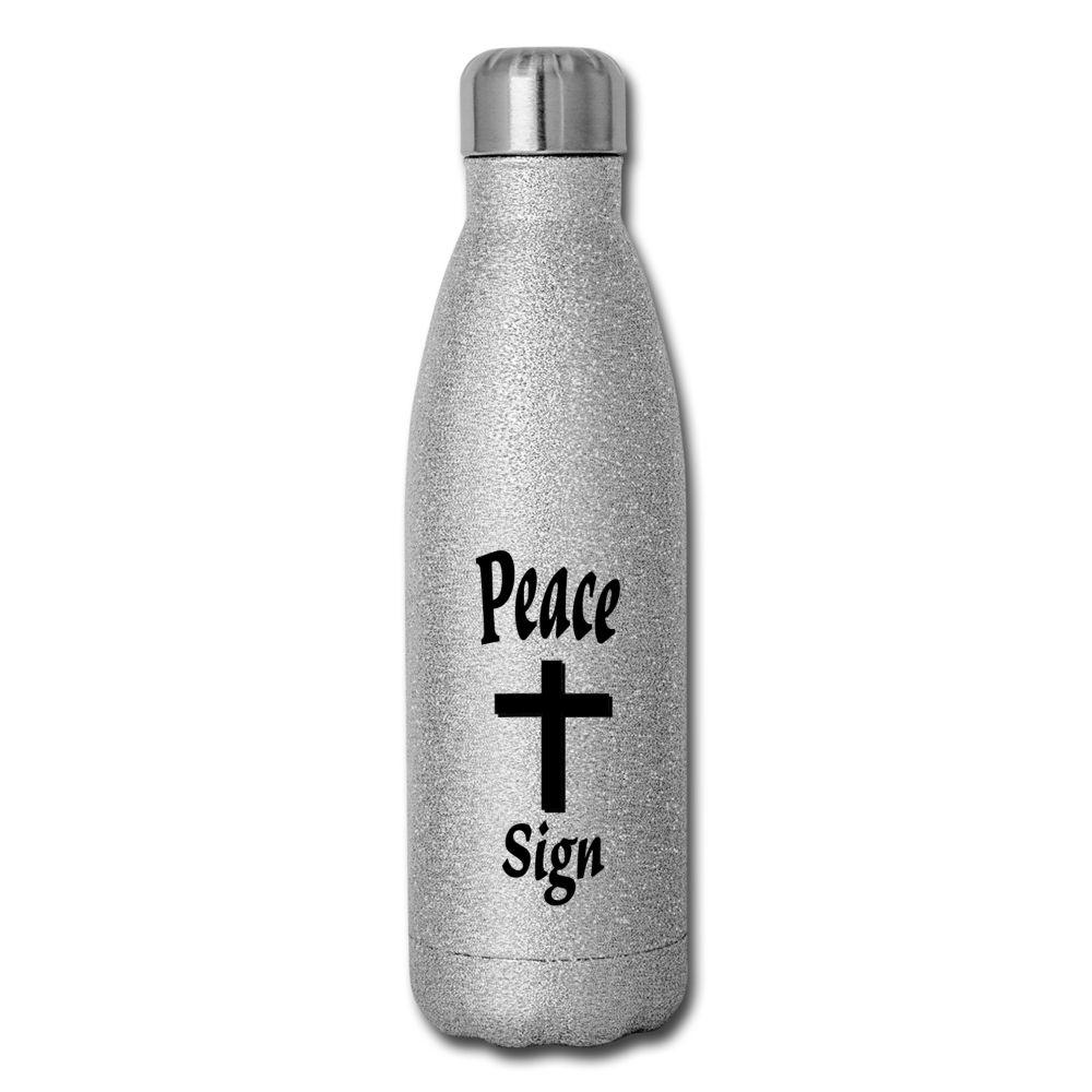 Insulated Stainless Steel Water Bottle &quot;Peace Sign&quot; - silver glitter