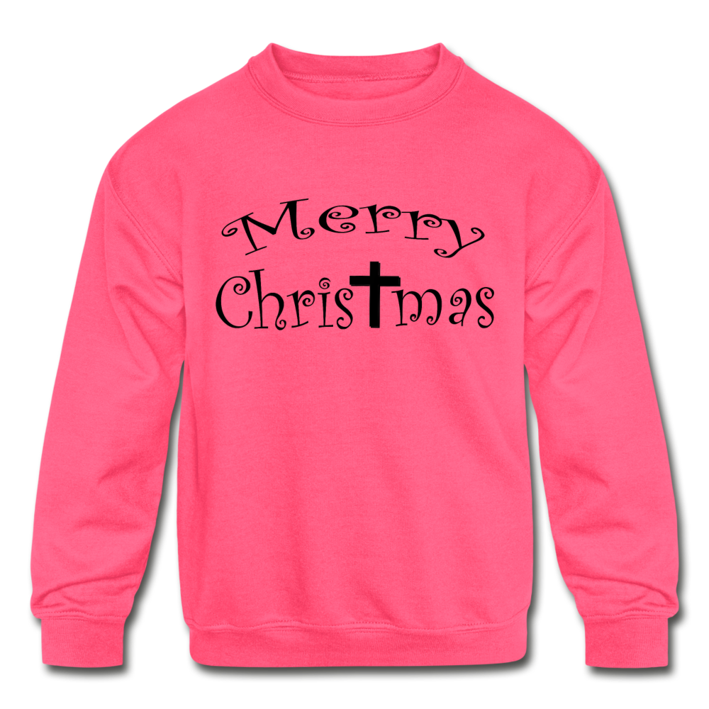 Kids&#39; Crewneck Sweatshirt &quot;Merry Christmas&quot; Black Font - neon pink