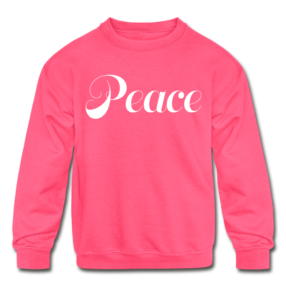 Kids&#39; Crewneck Sweatshirt &quot;Peace&quot; White Font - neon pink