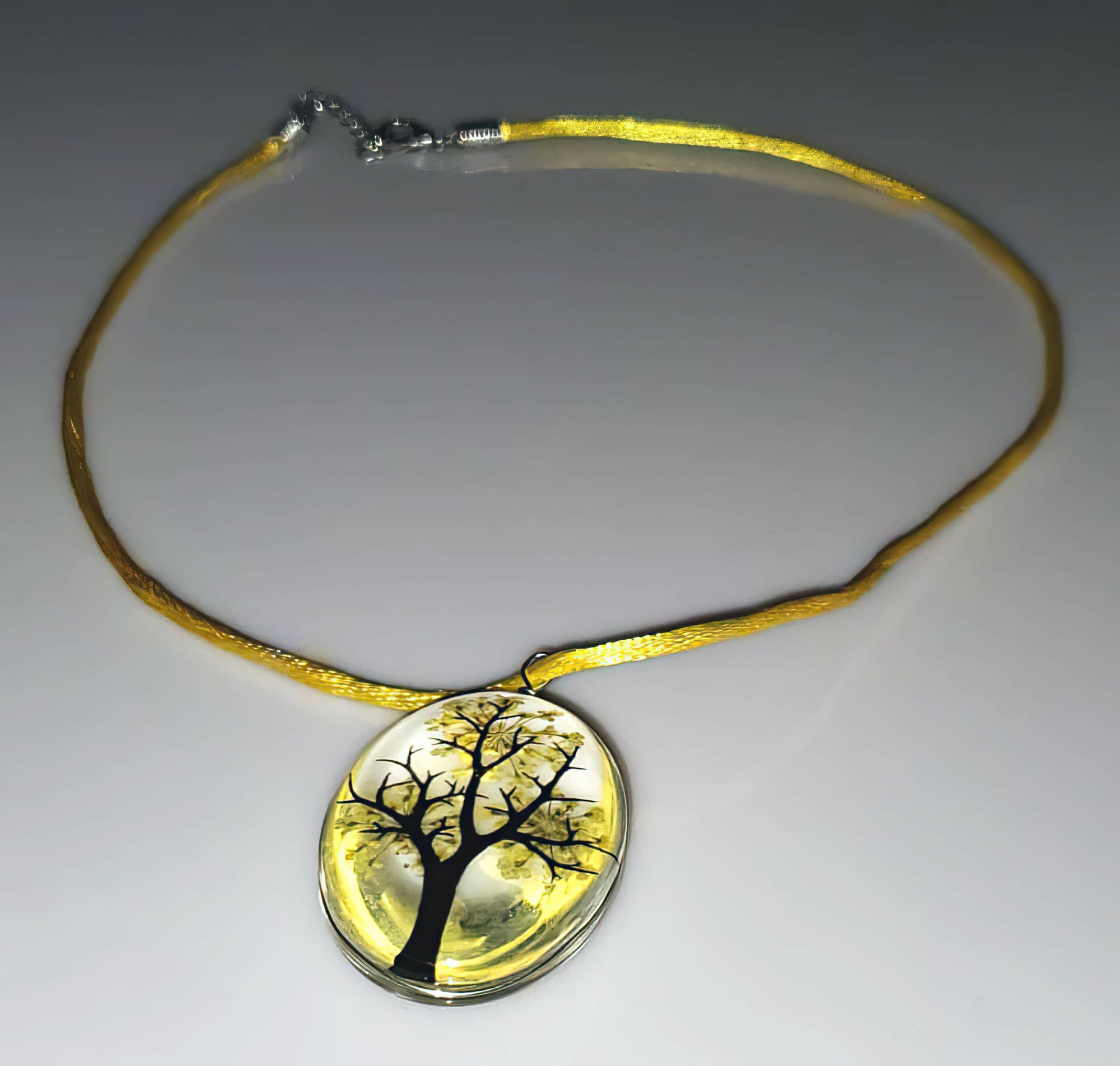Tree of Life Dried Flower Glass Oval Terrarium Necklace in Yellow (4397948731486)